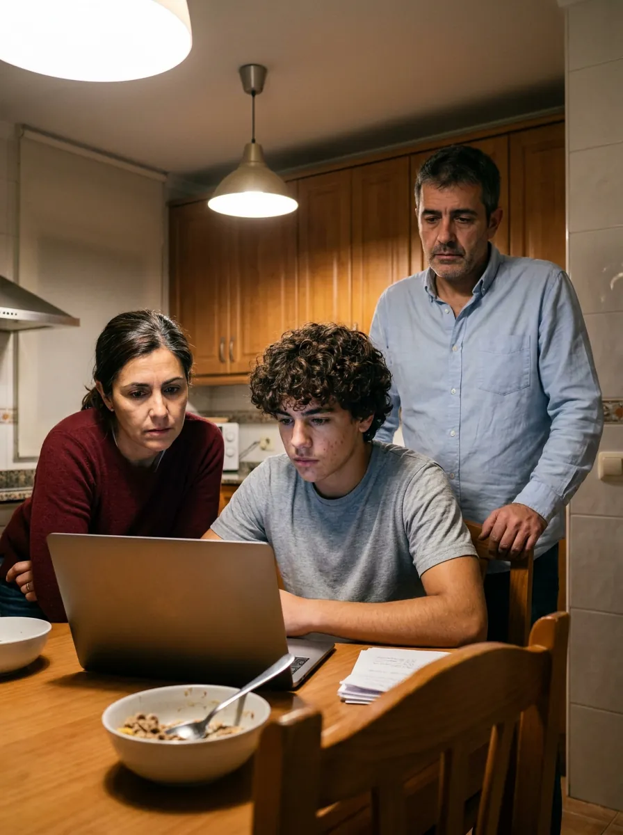 Un estudiante y sus padres miran juntos la pantalla de un portátil en la mesa de casa.