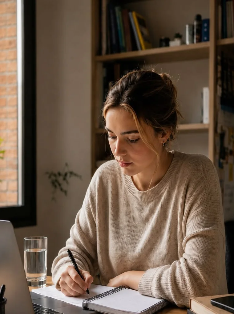 Retrato de Sara escribiendo en su cuaderno, junto a la ventana y con la estantería detrás.