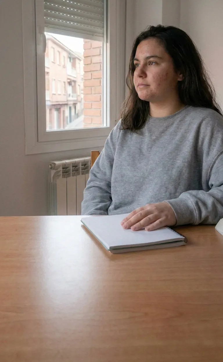 Una estudiante de bachillerato, sentada con calma a la mesa de su cuarto, mira por la ventana con el cuaderno ya cerrado bajo la mano.
