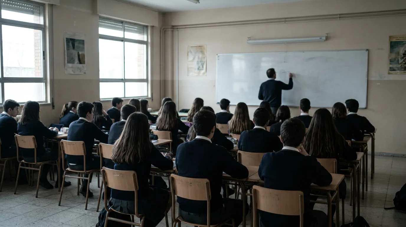 Un aula de instituto llena, vista desde el fondo: unas treinta personas sentadas en filas iguales, todas mirando hacia la pizarra donde escribe el profesor.