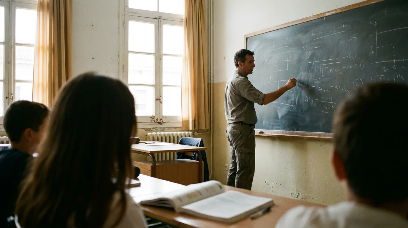 Un profesor escribe apuntes y diagramas en la pizarra de un aula; en primer término, desenfocados, dos alumnos y un libro de texto abierto sobre el pupitre.